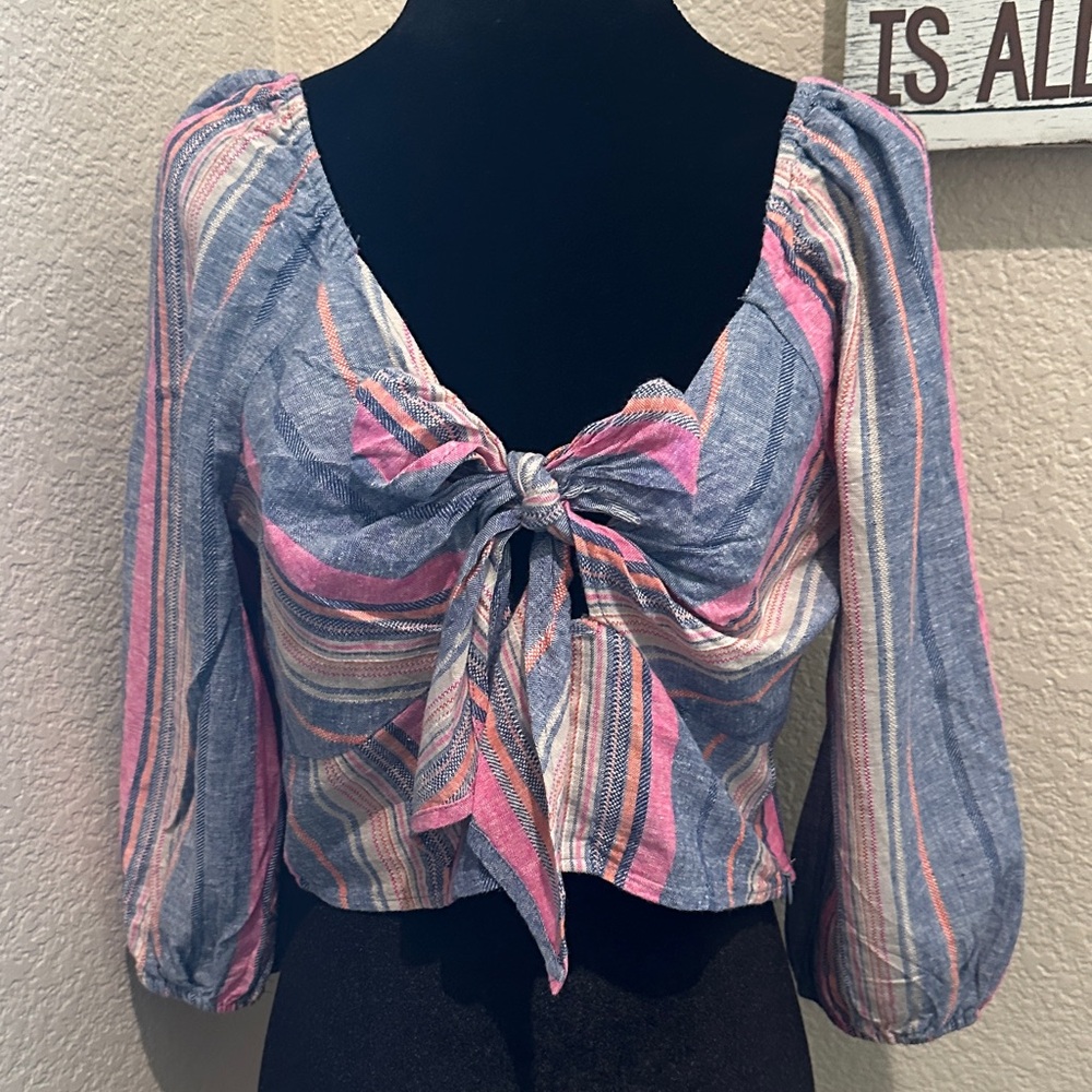 New York & Company Multicolor Striped Tie-Front Blouse